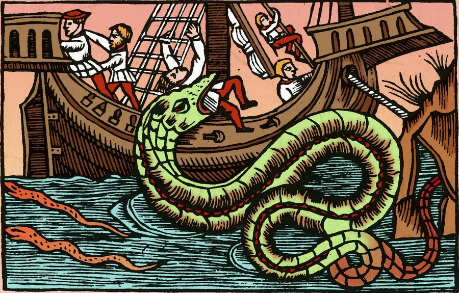 A 16th-century-style woodcut illustration of a sea serpent attacking a sailing ship, sailors climbing the rigging to escape its coils.